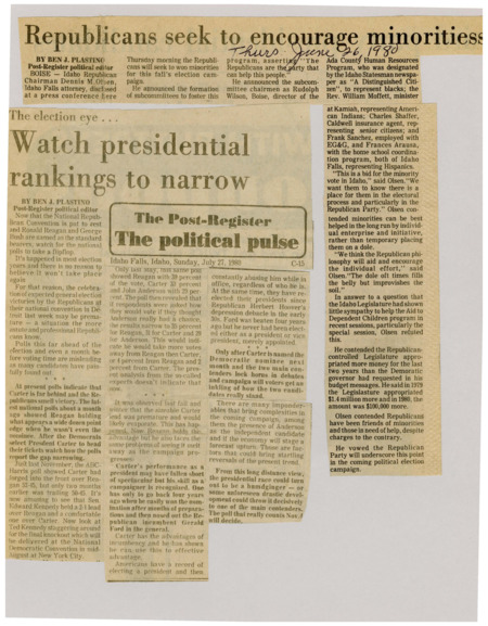 A newspaper article discussing: Idaho Republicans, led by Dennis M. Olsen, are creating groups to reach out to minorities like African Americans, Hispanics, and American Indians for the upcoming election. Olsen believes that the Republican focus on individual effort, not government help, will better serve these communities. He also defended the state's spending on social programs, saying Republicans have allocated more money than the Democratic governor asked for.