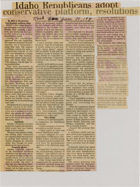 A newspaper article discussing: The Idaho Republican Party made a plan that supports state control, traditional values, and growing the economy. They want to use nuclear energy, limit government help, and keep control of land and schools local. They also don't want higher taxes or big company bailouts.