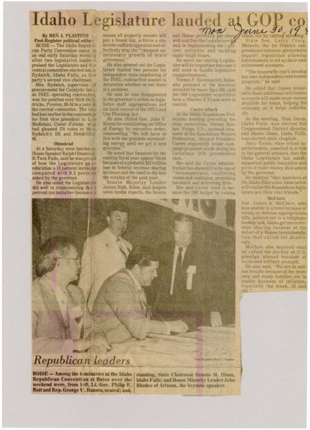 A newspaper article discussing: At the Idaho Republican Convention, leaders talked about lowering taxes and limiting government growth. They criticized Governor Evans and President Carter for making bad decisions. Amy Rydalch was elected a party leader, and there were concerns about the economy, education, and national defense.
