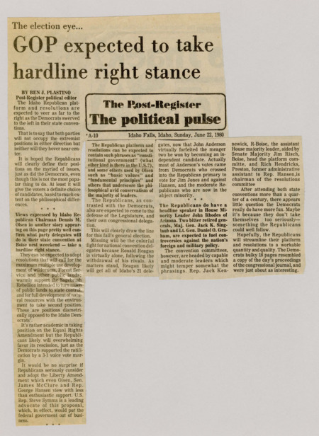 A newspaper article discussing: The Idaho Republican Party plans to take a strong conservative stance at their state meeting, opposite to the Democrats’ recent liberal views. They support giving states more control over public lands, are against the Equal Rights Amendment, and focus on traditional values. Some party leaders may try to make the message less extreme.