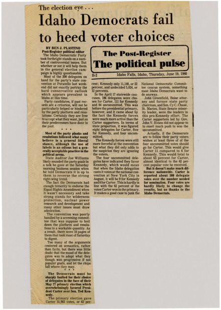 A newspaper article discussing: At their 1980 convention, Idaho Democrats supported liberal ideas but didn't organize things well. Even though most voters chose President Carter in the primary, more delegates backed Senator Kennedy. This made people question if the party was really listening to its voters.