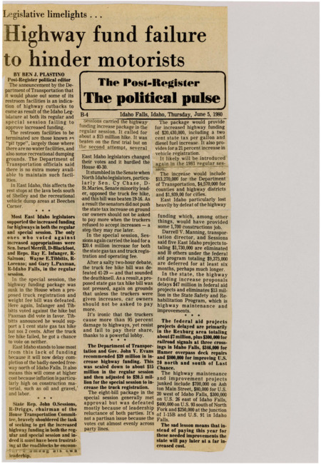 A newspaper article discussing: The Idaho Department of Transportation is closing some restrooms and dumping sites because the state didn't approve more funding for highways. This affects places in East Idaho, like the lava beds south of Shelley. The funding failure will also delay important projects, including a new freeway north of Idaho Falls.