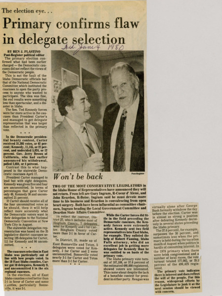 A newspaper article discussing: In Idaho, the Democratic caucus didn't match what voters chose in the primary—Carter won the vote, but Kennedy got more delegates. This happened because of rules from the national party, not the state. Many people still showed up to vote, proving the primary is important and should stay.