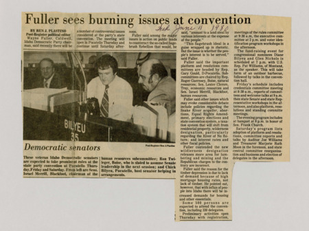 A newspaper article discussing: The Idaho Democratic Party held a convention in Pocatello to talk about important issues like land use, abortion, and wilderness areas. Key leaders like Wayne Fuller and other senators helped guide the discussions. The event included meetings, workshops, and fundraising, ending with the approval of the party’s platform and plans.