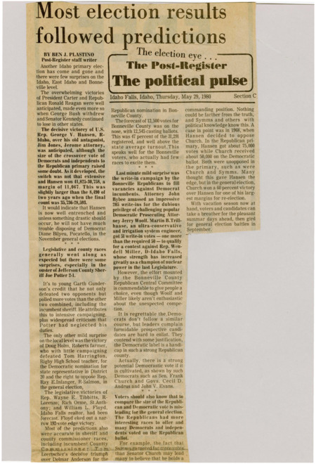 A newspaper article discussing: The 1980 Idaho primary elections mostly went as expected, with Jimmy Carter and Ronald Reagan winning, and George V. Hansen beating Jim Jones. There were a few surprises, like Garth Gunderson defeating Sheriff Joe Potter and Doug Holm winning the state representative primary. There was strong Republican voter turnout and write-in campaigns, making the general election look competitive.