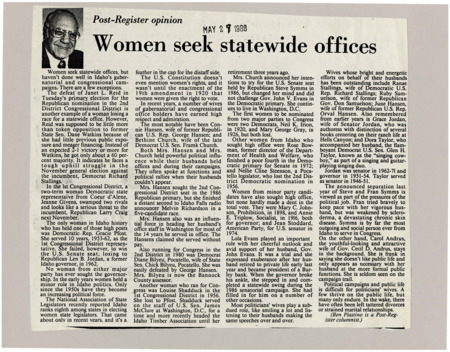 A newspaper article discussing: Women in Idaho have faced challenges in winning high political offices like governor or congress. Though many have served in state legislatures, they often struggle with limited resources and gender bias. Additionally, women have frequently supported their husbands' political careers, sometimes stepping in during campaigns.