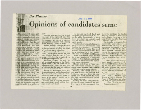 A newspaper article discussing: Three Idaho politicians think George Bush will win the Republican nomination over Bob Dole. They believe the Democrats won't agree on a candidate and might choose someone new like Sam Nunn. They say Bush or Dole could beat the current Democrats, but Nunn might have a good chance.