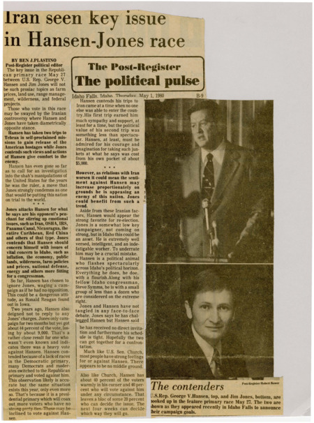 A newspaper article discussing: U.S. Rep. George V. Hansen and Jim Jones are facing off in the Republican primary, with their differing views on the Iran hostage crisis being a main issue. Hansen, who traveled to Iran to try to free the hostages, is criticized by Jones for focusing too much on national issues instead of problems in Idaho. Even though Hansen is well-known, Jones’ strong past performance shows that the race could be close and depend on the undecided voters.