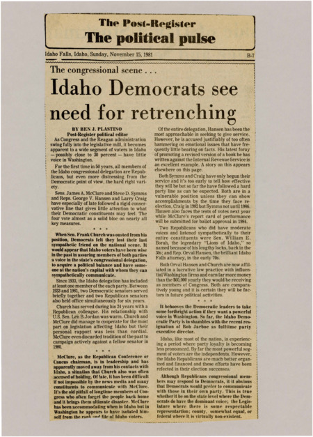 A newspaper article discussing: Idaho’s entire congressional delegation is now made up of Republicans, which is the first time in 50 years. This has left many Democratic voters feeling ignored, especially after losing Frank Church, their last ally in Washington. The state’s Democratic Party is weak, and Republicans are better organized, leaving Democrats with little federal representation.