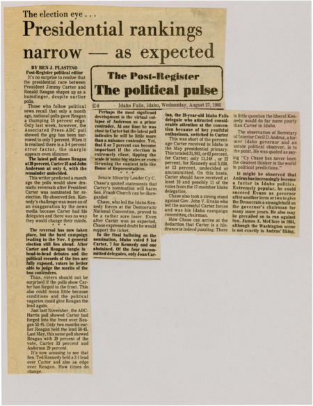A newspaper article discussing: The presidential race between Jimmy Carter and Ronald Reagan is getting closer, with Reagan now only leading by 7%. Independent candidate John Anderson's support has dropped to 6%, making him less important. Additionally, Carter's nomination won't hurt Senator Frank Church in Idaho.