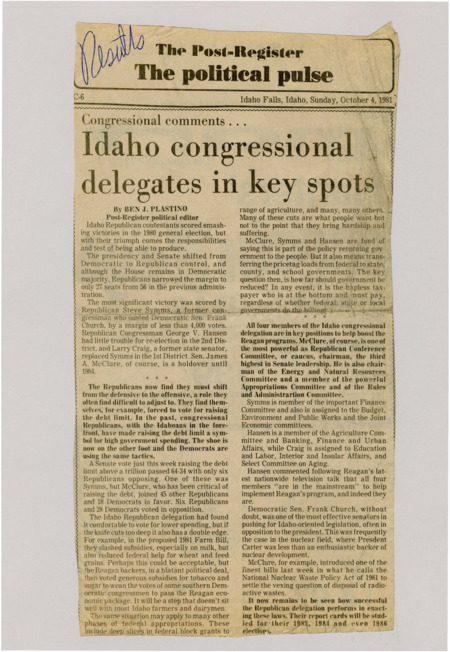 A newspaper article discussing: In the 1980 elections, Idaho's Republicans won important races, including Steve Symms defeating Senator Frank Church. Now, they must deal with issues like raising the debt limit and making budget cuts, which are sometimes unpopular.