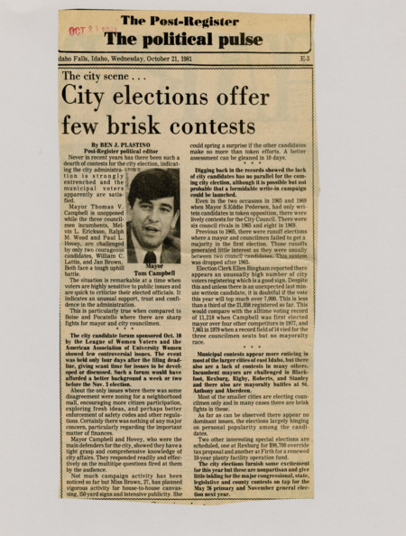 A newspaper article discussing: The city election has very few candidates running, with the mayor not facing any opponents. People seem mostly happy with the current city leaders, and there aren't many big issues being discussed. Even though lots of people registered to vote, not many are expected to actually vote.