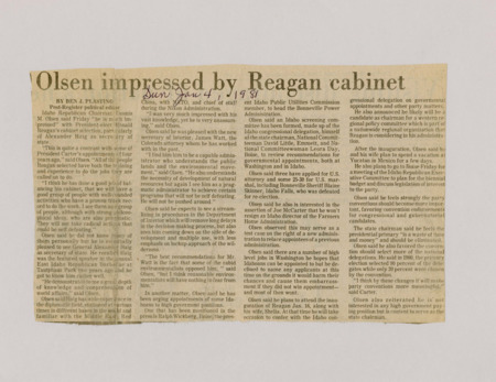 A newspaper article discussing: Idaho Republican Chairman Dennis M. Olsen praised Reagan's cabinet picks, especially Alexander Haig as Secretary of State. He liked that the choices were experienced and practical. Olsen also plans to attend the inauguration and stay as state chairman.