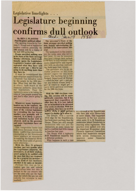 A newspaper article discussing: The 1980 Idaho legislative session is expected to be quiet, with lawmakers not planning any big changes. Governor Evans didn't say anything new in his speech, mostly repeating his old ideas. Since elections are coming up, lawmakers want to avoid raising taxes, though small increases for gas and car fees might happen.