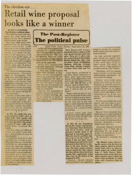 A newspaper article discussing: A 1980 proposal to sell wine in Idaho grocery stores is getting support but faces opposition from some people. Supporters believe it would help the economy without big problems, since beer is already sold in stores. This debate is similar to one in 1972, but things may be different now.
