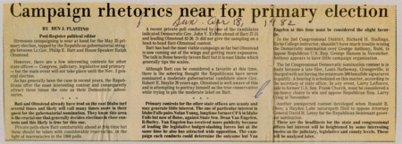 A newspaper article discussing: The race for Idaho governor is getting intense, especially between Republican candidates Philip Batt and Ralph Olmstead. Batt is ahead in the polls, but Olmstead is starting to campaign more and call himself the real conservative. Other races, like for Congress and lieutenant governor, are also happening, but the governor’s race is the main focus.