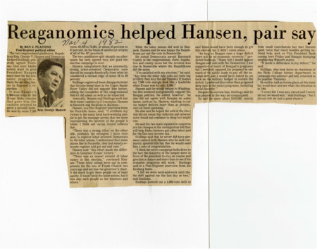 A newspaper article discussing: Republican George Hansen won a close race against Democrat Richard Stallings. Stallings was upset that his local area didn't support him more and disagreed with some of President Reagan’s ideas. Both men said the campaign was tough and that labor unions played a big role.