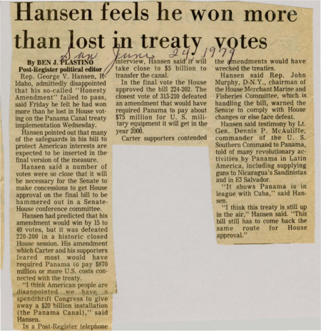 A newspaper article discussing: Even though Rep. Hansen’s "Honesty Amendment" didn't pass, he thinks his efforts were successful because some of his ideas might still be added to the final bill. He continues to oppose the treaty, arguing it harms U.S. finances and ignores Panama’s links to controversial groups. Hansen wants the treaty to be changed before it’s fully approved.