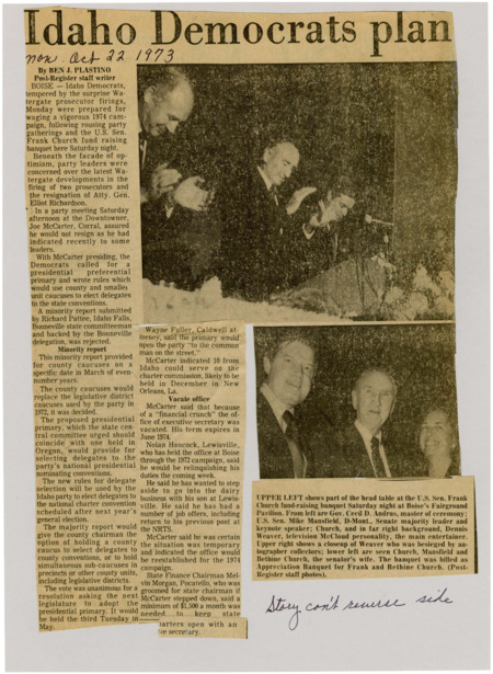A newspaper article discussing: In May 1974, Idaho Democrats met in Boise for a fundraiser and to talk about their plans for the next election during the Watergate scandal. They agreed to use county meetings to pick delegates and supported having a presidential primary. Senator Frank Church and Senate leader Mike Mansfield criticized President Nixon and said the country would keep moving forward despite the crisis.