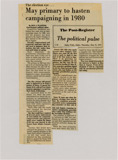 A newspaper article discussing: In 1980, Idaho changed its primary election to the fourth Tuesday in May, which means candidates have to adjust their schedules. This affects presidential, congressional, and senatorial candidates, who now need to announce earlier. The change is expected to increase voter participation and change how candidates plan their campaigns.