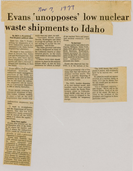 A newspaper article discussing: Idaho Governor John V. Evans agrees to keep sending low-level radioactive waste to the Idaho National Engineering Laboratory (INEL), saying it's handled safely. He criticized other states like California, Nevada, and Washington for not taking responsibility for their own waste. Evans also said the waste will eventually be moved to a permanent site, hopefully by 1985.