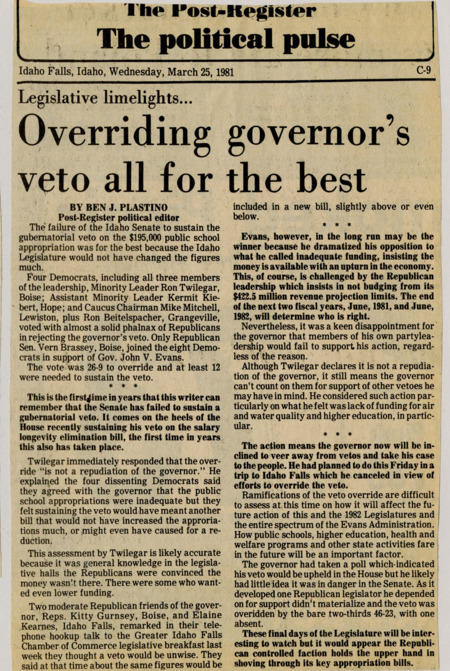 A newspaper article discussing: Idaho Governor John V. Evans fails to secure the gubernatorial veto on a bill that would appropriate $195,000 to public schools. Governor Evans reportedly desired a higher total, but was denied by four Democrats who broke ranks to side with Republicans for the vote. Ron Twilegar, the Senate Minority Leader, said there was no way for an increase in funding to pass the legislature.