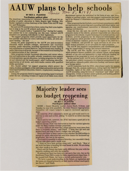 A newspaper article discussing: The American Association of University Women continues to push for increased quality in public education despite the slim funding allocated by the legislature. The AAUW also continues to push for the repeal of laws that allow discrimination and the exploitation of natural resources