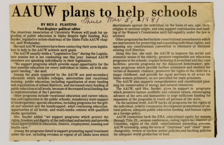 A newspaper article discussing: The American Association of University Women continues to push for increased quality in public education despite the slim funding allocated by the legislature. The AAUW also continues to push for the repeal of laws that allow discrimination and the exploitation of natural resources
