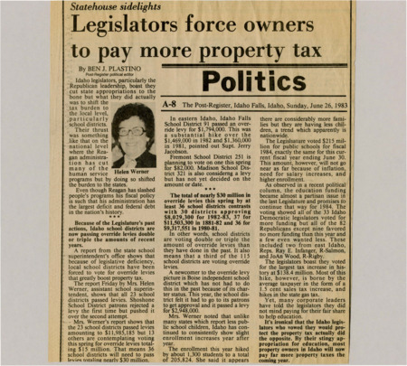 A newspaper article discussing Idaho legislators' refusal to increase taxes to pay for public education has caused 23 school districts in Idaho to pass levies. Education funding has become a partisan issue in Idaho, with all Democrat legislators voting for increased budgets and most Republican legislators voting against budget increases.