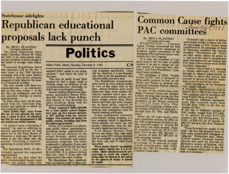 A newspaper article discussing: Idaho GOP remains elusive on education spending specifics and guidelines despite widespread support for improving education throughout the state. Discussed topics related to statewide achievement tests, teaching competency tests, and adoption of discipline policies.