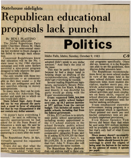A newspaper article discussing: Idaho GOP remains elusive on education spending specifics and guidelines despite widespread support for improving education throughout the state. Discussed topics related to statewide achievement tests, teaching competency tests, and adoption of discipline policies.