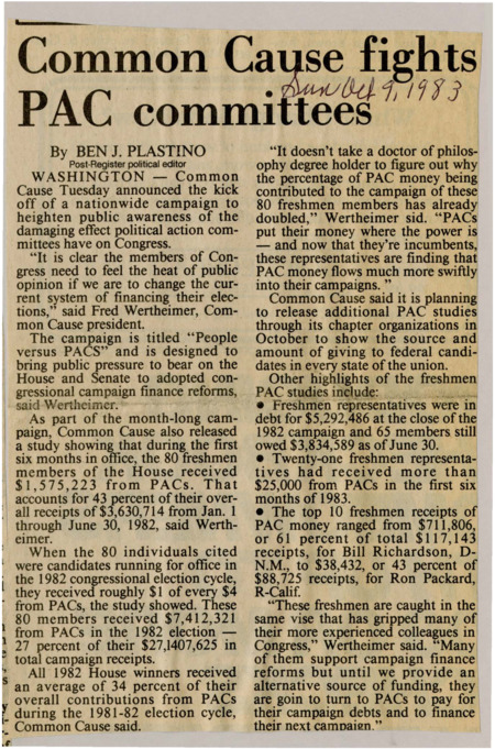 A newspaper article discussing the organization 'Common Cause' and it's fight against PACs influence in congress. It cites donation figures and receipts for Freshman members of congress by PACs.