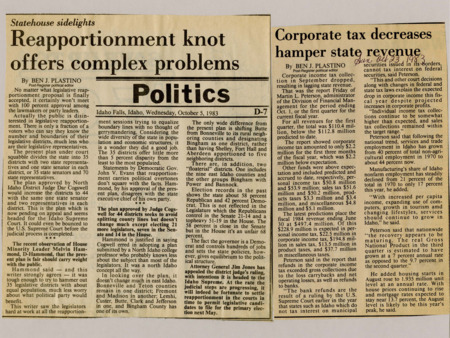 A newspaper article discussing reapportionment of legislative districts. Two plans are proposed one with 35 districts, and another with 44 districts with most of the changes in Northern Idaho. Senate minority leader (D) Melvin Hammond believes the 35 districts plan is fair.