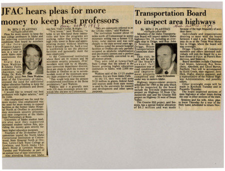 A newspaper article discussing the Joint Finance Appropriation Committee (JFAC) touring University of Idaho and the North Idaho Correctional institution in Cottonwood after both organizations pleaded for more funds. University of Idaho requested funds for higher salaries and Cottonwood to alleviate prison populations in Boise.