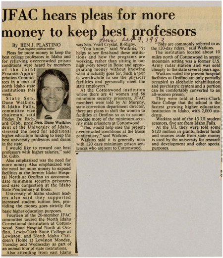 A newspaper article discussing the Joint Finance Appropriation Committee (JFAC) touring University of Idaho and the North Idaho Correctional institution in Cottonwood after both organizations pleaded for more funds. University of Idaho requested funds for higher salaries and Cottonwood to alleviate prison populations in Boise.