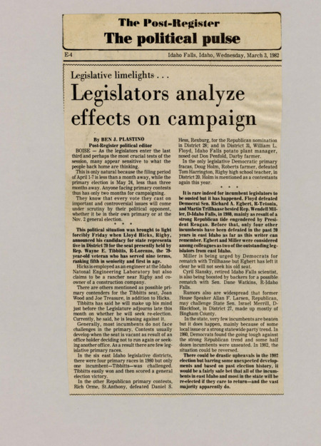 A newspaper article discussing the primary challenges legislators are facing in the 1982 election season. The stress is also due to the primary filing date being in early April when the primary election is in late May.