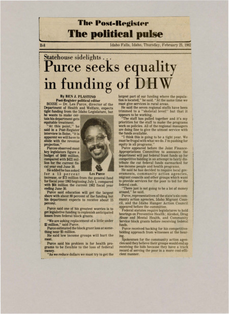 A newspaper article detailing Les Purces plead for more funding for the DHW to replace lost federal funds. He also introduced a bidding scheme for localities to get access to the remaining federal grants. Picture of Les Purce.