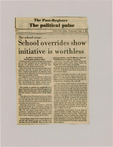 A newspaper article discussing the school levy troubles in Idaho. It also discusses the per pupil funding across the state and efforts to provide more equal funding.