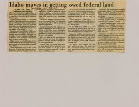 A newspaper article detailing the transfer of federal forested and mineral lands to the state. Out of the 38,000 acres owed 31,000 were dispensed to the state.
