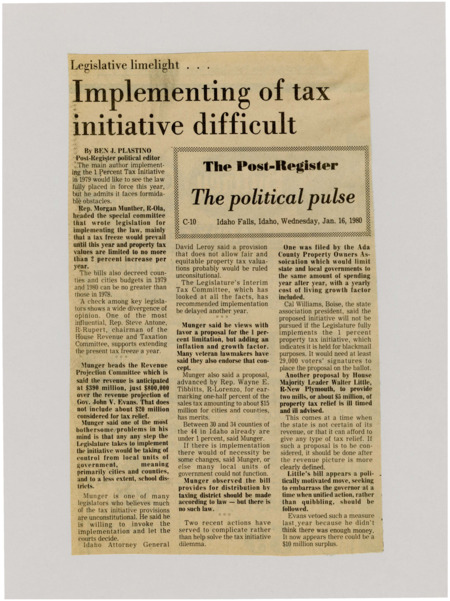 A newspaper article detailing a tax initiative to limit tax increases to a 1% annually and to limit spending (excluding inflation). The initiative faces much blowback in the senate however the Ada County Property Owners Association threatened to pass a ballot initiative that would limit government spending permanently.