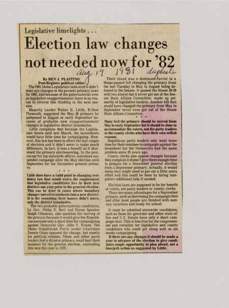 A newspaper article discussing a proposal to move the primary date to account for reapportionment however most legislators disagreed with the proposal because it would give significantly less time for legislators to campaign.