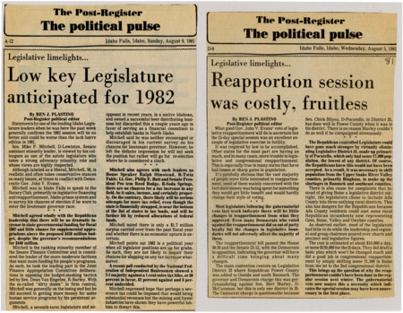A newspaper article questioning the efficacy of the special reapportionment session after John Evans' veto of the reapportionment plan. The costs of the session and the lack of impact are cited as reasons why Plastino questions the need for it.