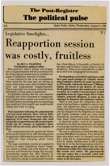 A newspaper article questioning the efficacy of the special reapportionment session after John Evans' veto of the reapportionment plan. The costs of the session and the lack of impact are cited as reasons why Plastino questions the need for it.