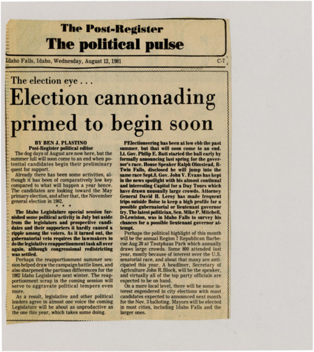 A newspaper article discussing the lulled political activity in August. It also discusses public officials gearing up for the election next year, especially the gubernatorial election.