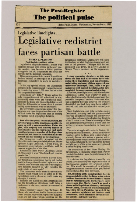 A newspaper article discussing the legislative reapportionment fight in the Idaho legislature. Idaho Republicans express their disinterest in a bipartisan committee as a solution to the fight.