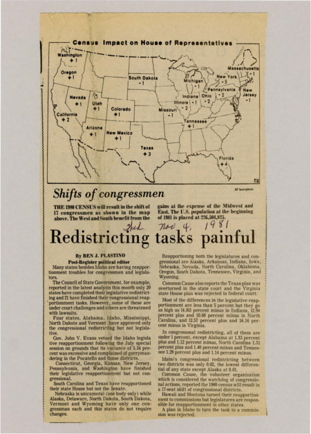 A newspaper article discussing the redistricting fights across the country. The article has a map of the congressional reapportionment named Shifts of congressmen.
