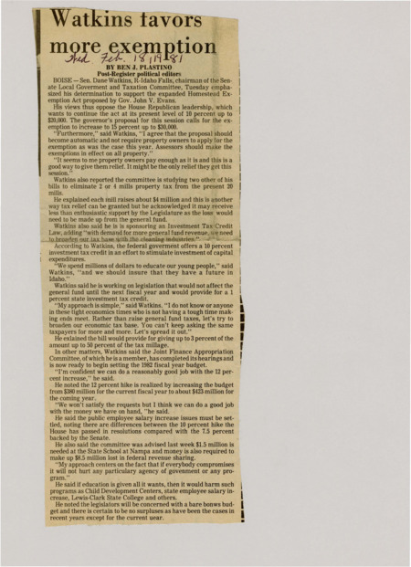 A newspaper article detailing Dane Watkins and his property tax relief in the form of a proposed expanded homestead exemption act. Watkins also details the possible budget cuts ahead and the desire to spread the tax burden out.