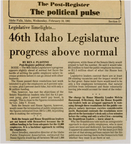 A newspaper article detailing the problems arising from state employee salary increases. The author Plastino believes that Republicans are pushing public workers to the Democratic camp because of antagonism towards state employees.