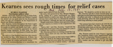A newspaper article detailing Representative Elaine Kearnes's possible concerns about the state's spending cuts to health and wellness. Both state and federal cuts would drastically impact the most vulnerable populations.