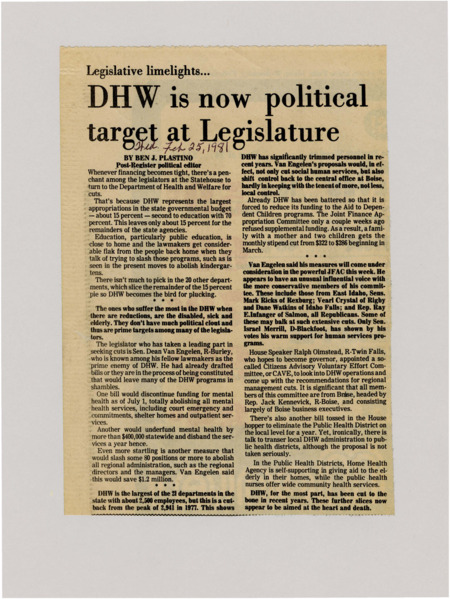 A newspaper article detailing the legislature's propensity to cut Department of Health and Welfare funding when under financial duress. There are also details in what programs will be cut specifically.